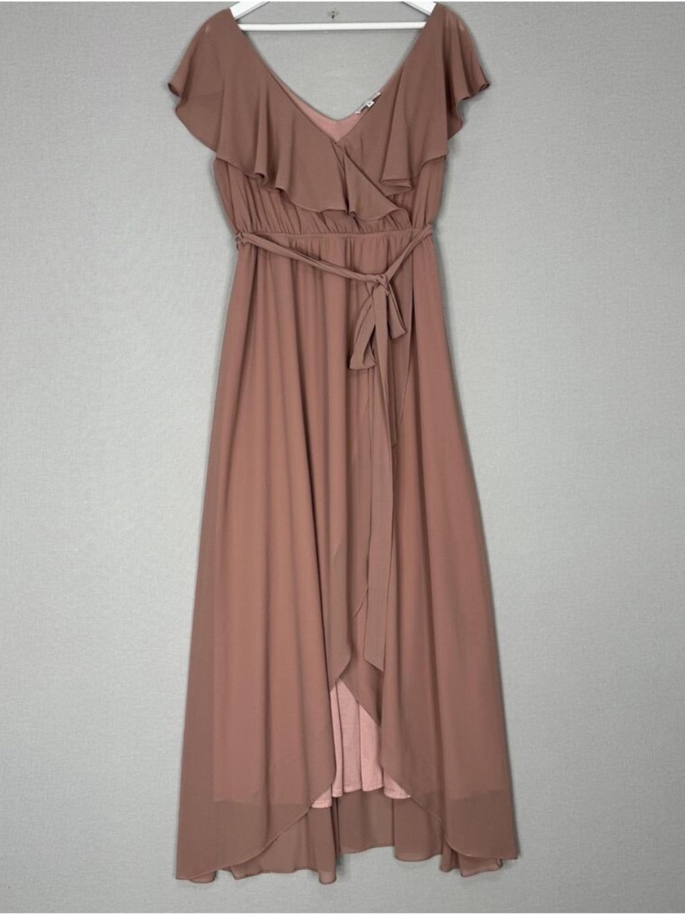 Baltic Born Katya Ruffle Maxi Dress Womens XL Pink Belted Chiffon Gown Bridesmid